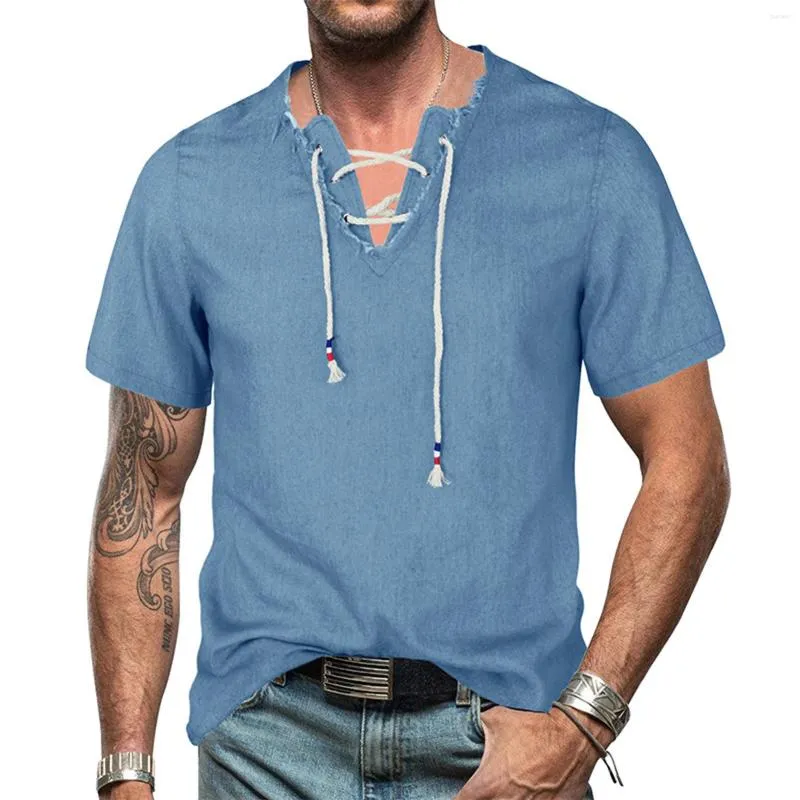 Camisas casuais masculinas masculino sólido decote em v manga curta denim borla camisa tops blusa t para homens pacote masculino