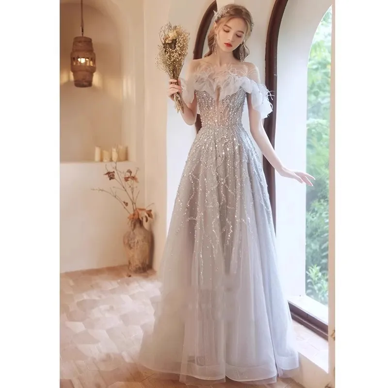 花嫁のエレガントな自由ho放なドレススパンコールのウェディングゲストドレスオフショルダーイブニングドレス