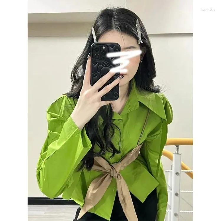 Blusas femininas korejepo francês camisa verde design duas peças conjunto camisas topo feminino início do outono 2024 coleção cintura bolha manga blusa