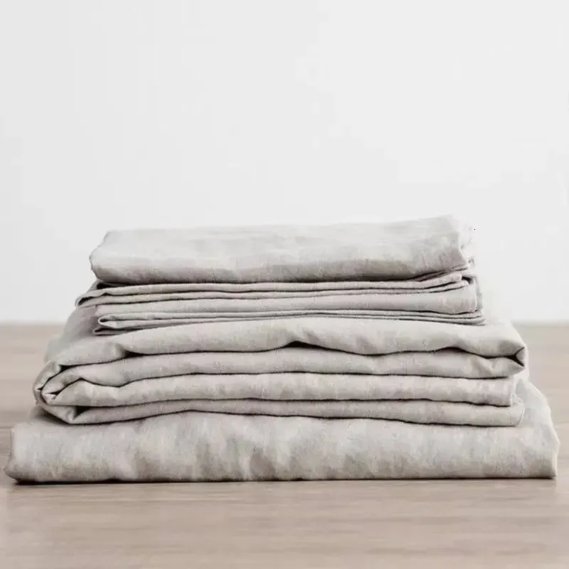 3 pièces 100 ensemble de draps en lin lavé draps de lit en lin naturel 2 taies d'oreiller respirant doux ferme literie drap de lit plat 240131