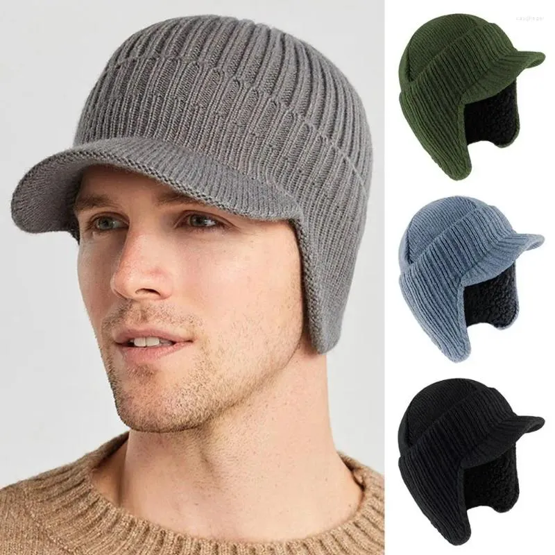 Berets Mens Peaked Knit Hat Winter Warm Fleece Lined Cap Beanie Ear Flaps Work Outdoor Plush Bomber Hats