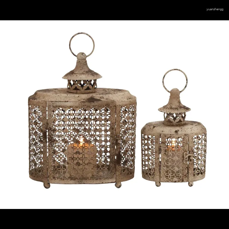 Candle Holders DecMode 2 Holder Beige Metal Decorative Lantern With Intricate Scroll Work Set Of