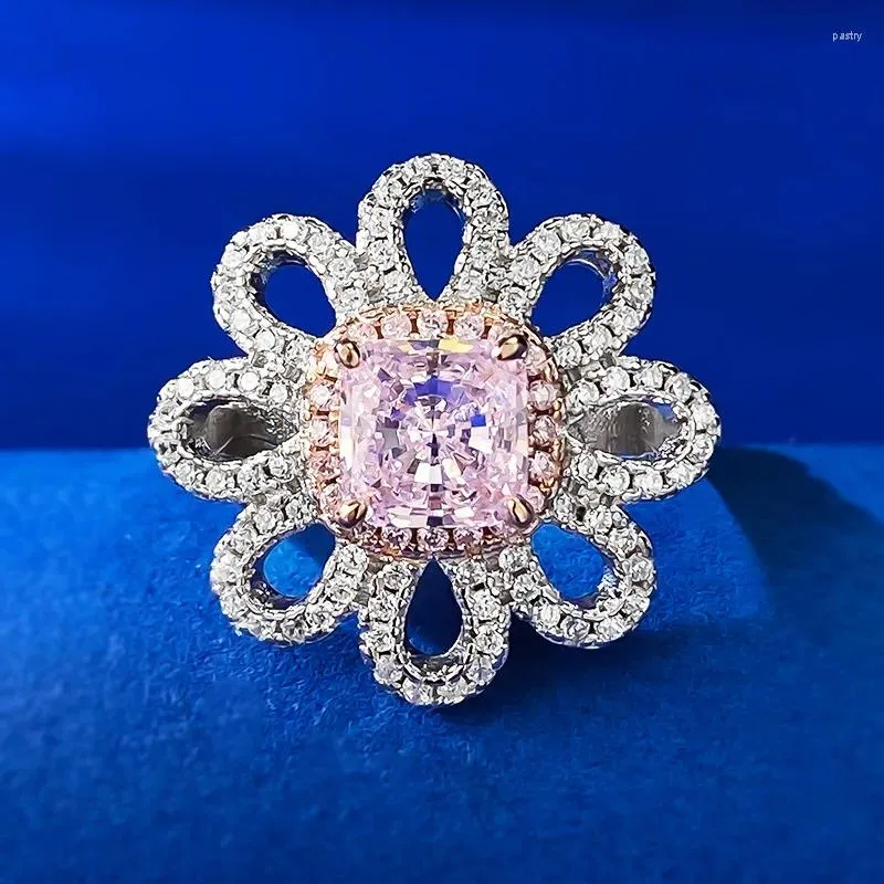 Clusterringen S925 Zilver Roze Diamant 6 Bloemenring Dames Rozenblaadjes Mode Veelzijdige dagelijkse stijl