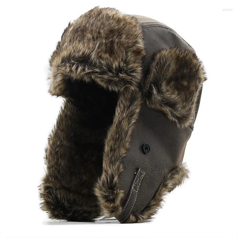 Berets inverno masculino engrossar quente bombardeiro chapéus com earflaps pu couro bonnet piloto neve esqui lei feng bonés unisex ushanka russo