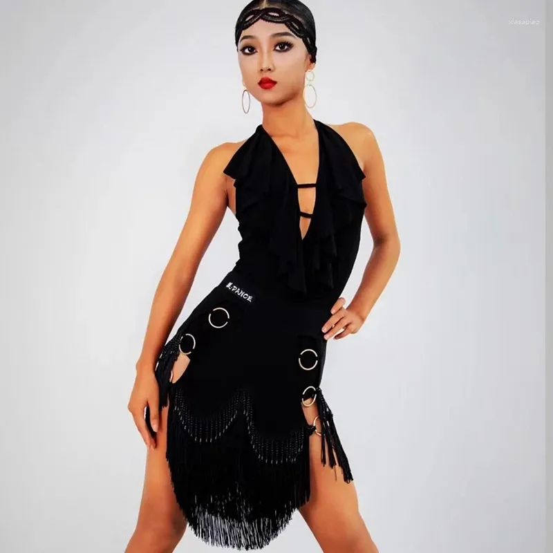 Stage Wear Costume dla kobiet seksowne backless top perłowa frędzlona spódnica dla dorosłych chacha rumba tango sukienka DQS11044