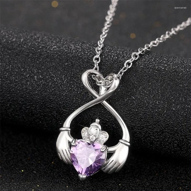 Chains Personalized Design Pendant Necklace Women's Anniversary Accessories Heart Shaped Purple Zirconia Unique Mother's Day Gift