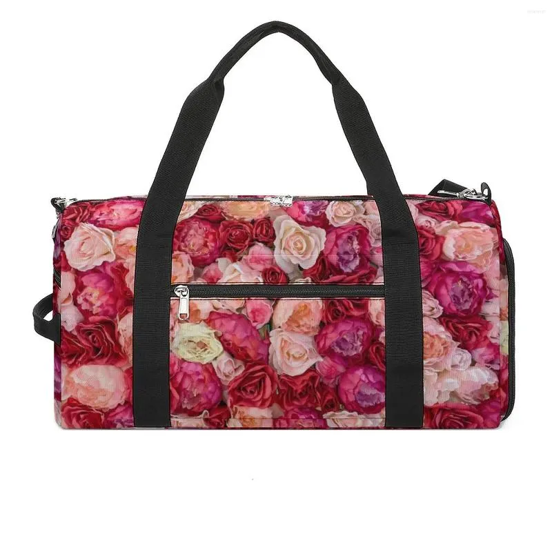 Sacs de plein air Blossom Rose Sports Blanc Rose Fleurs Voyage Sac de sport avec chaussures Sacs à main graphiques Hommes Femmes Design Oxford Fitness