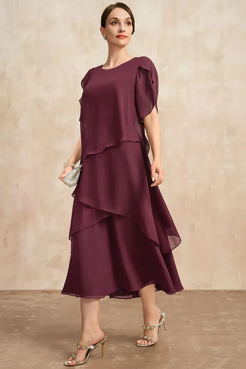 Women Plus Size Chiffon Dress Short Sleeve Elegant O-Neck Solid Party Irregular Layered Petal Sleeve Summer Fashion Maxi Dress 240130