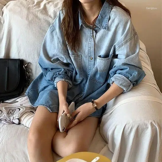 Camicette da donna Giacca camicia di jeans Primavera e autunno 2024 Versione coreana Allentato Bf Stile Harajuku Casual Gradiente