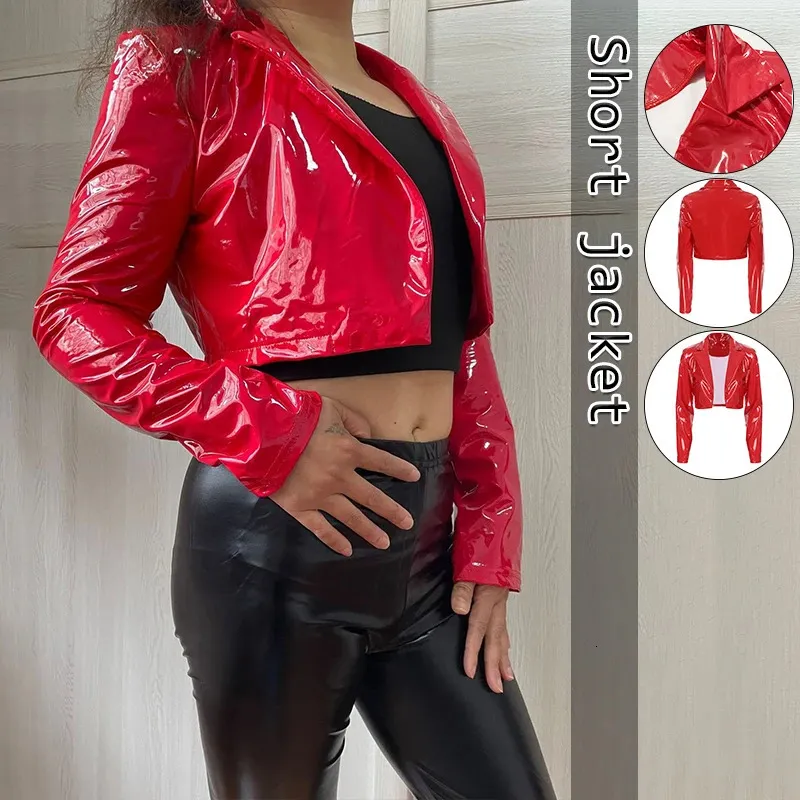 Cappotto in pelle lucida PU da donna Corto Top Trend Moto Vita Giacca sexy Specchio rosso Pu Pelle brillante Uniforme da discoteca S-3XL 240129