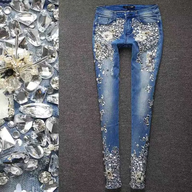 Mulheres strass diamante leggings denim calças femininas magro estiramento plus size lápis magro vintage