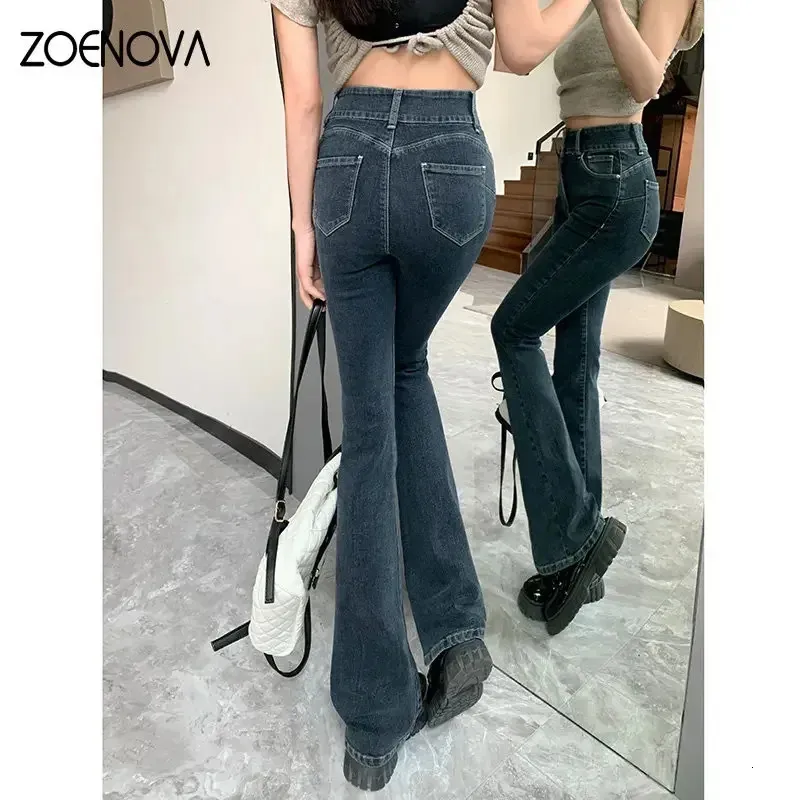 Zoenova Kadın Yüksek Bel 2023 Şık Mavi Gri At Nalı Bootcut Denim Street Giyim Y2K Giysileri Bol kot pantolon famal parlama pantolonları 240119