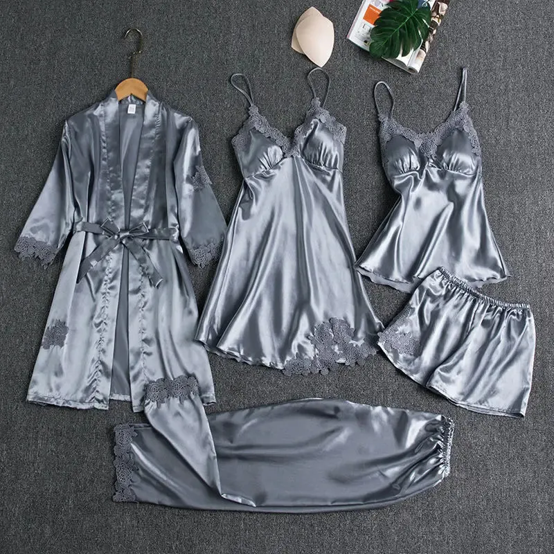 Indumenti da notte femminile 5 pezzi pigiama set pigiama in raso patchwork di pizzo da sposa da notte da notte Rayon Home Wear Nighty Robe Suit 240201