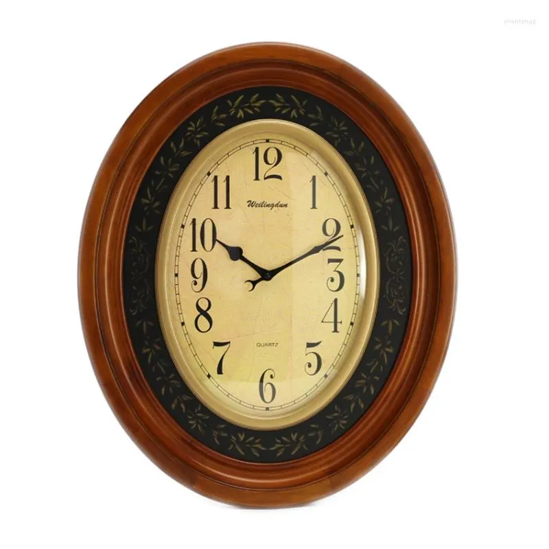 Relojes de pared Precioso reloj antiguo europeo Madera maciza Cuarzo vintage Mudo Oval Tamaño grande Sala de estar Patrón floral Cara única