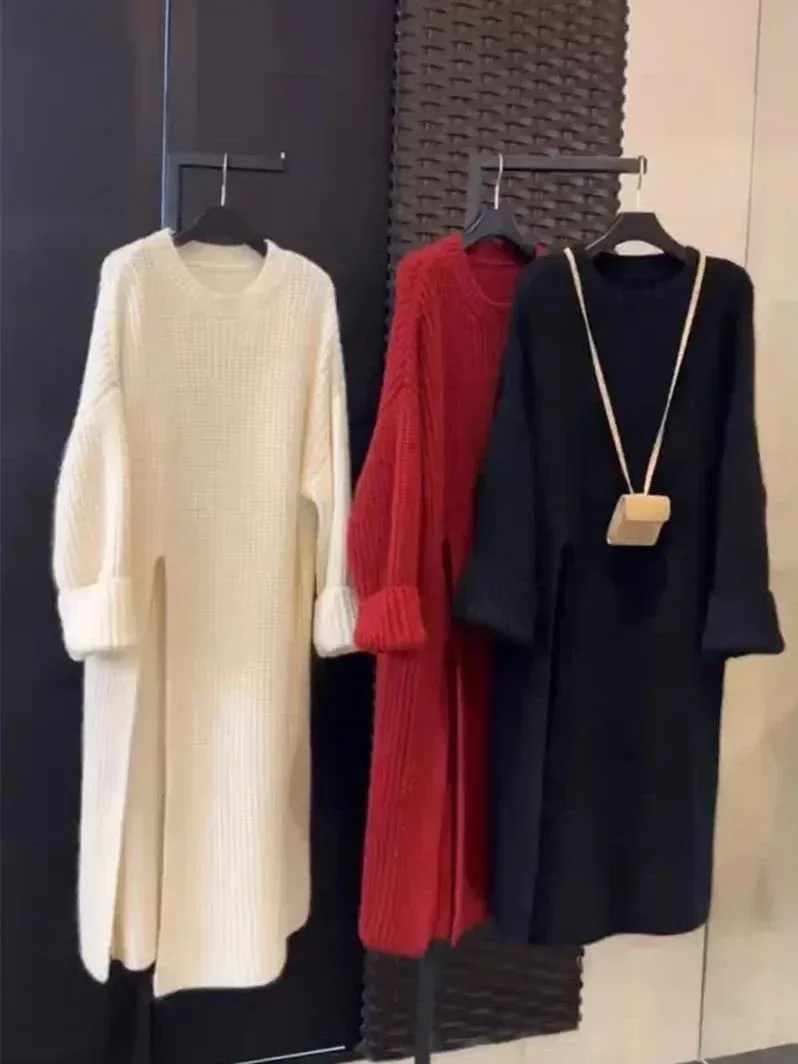 Robe tricotée à fente latérale pour femmes, zevity, automne et hiver, femme, ample, simple, longue jupe pull, robes de mode coréenne.240124