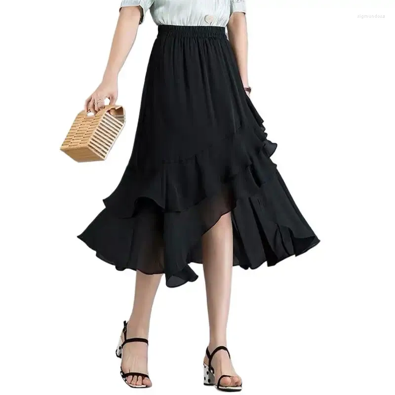 Skirts Korean Street Fashion Ruffle Asymmetrical Feminino Summer Sexy Bohemia Chiffion Elegant Long Maxi Skirt Plus Size