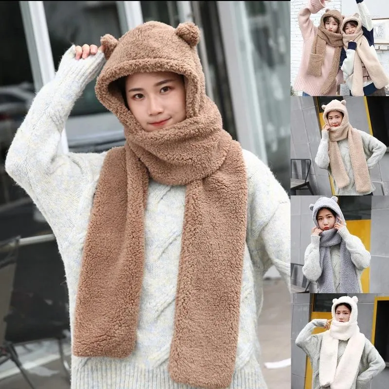 Berretti Donna Inverno Caldo Peluche Cappello in un unico pezzo Sciarpa Orecchie da orso Berretto termico con cappuccio paraorecchie Y1QD