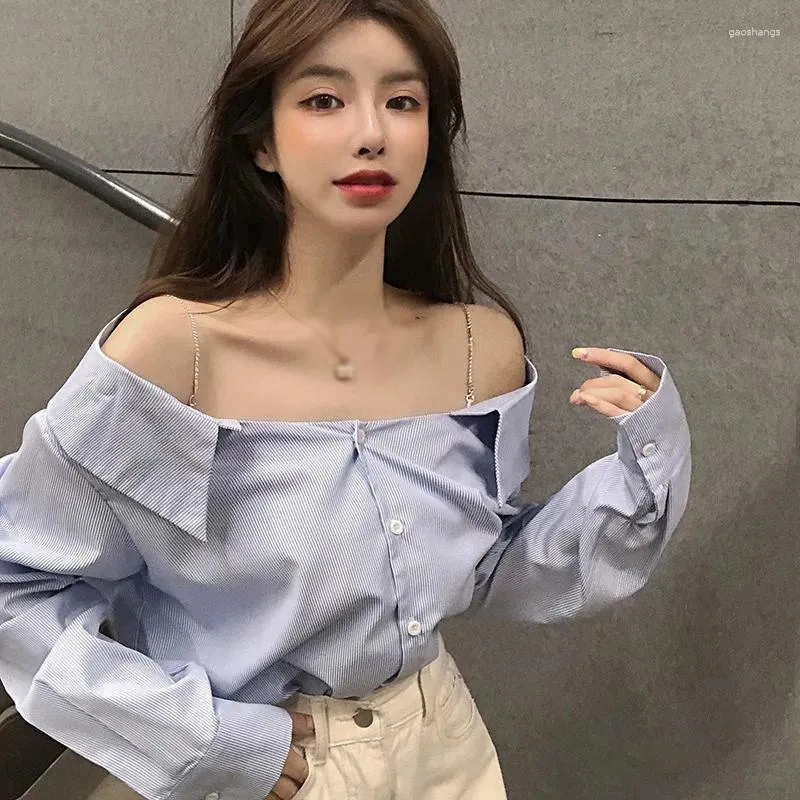 Kvinnors blusar Crop Top Loose Fit Solid Color Fashion Off the Shoulder Button Front Long Sleeve Shirts