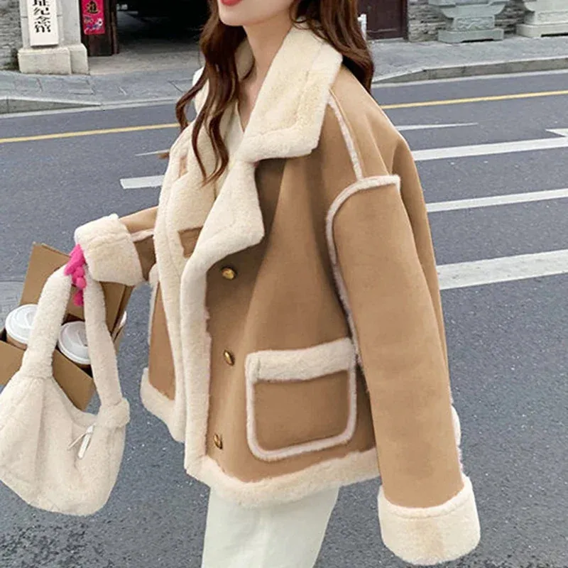 GIDYQ Winter Lamb Fur Jacket Women Korean Suede Motorcycle Snow Parka Thickened Short Coat Fashion Sweet Warm Outerwear 240125