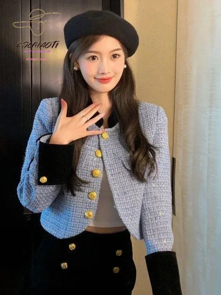 Jacken für Frauen Kurze Kontrast Farbe Joint Tweed Stehkragen Kleine Duft Outwear Tops Femme Kleidung Koreanische Mode Mantel 240125