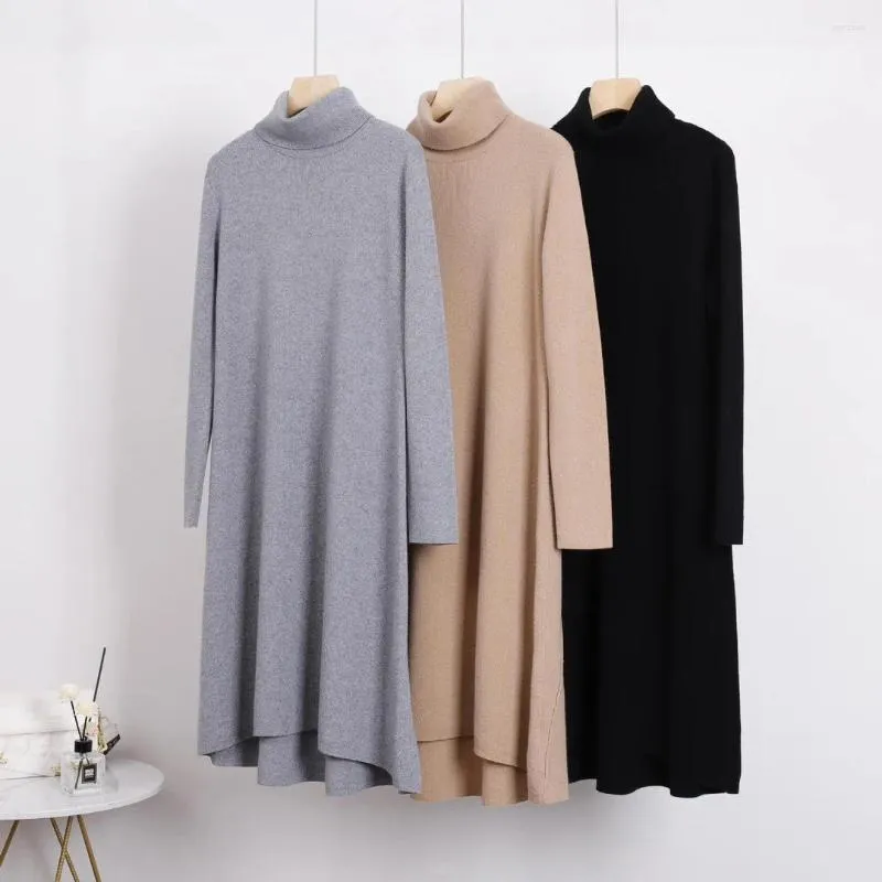 Casual Dresses 2024 Autumn Winter Black Cashmere Turtleneck Knittad Gray Women Dress Fashion Asymmetrical Long Khaki tröja