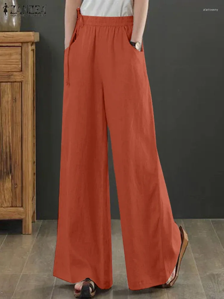 Spodnie damskie Zanzea Vintage kobiety spodnie jesienne elastyczne talia Solidna szeroka noga moda luźna długa pantalon duży palazzo 2024
