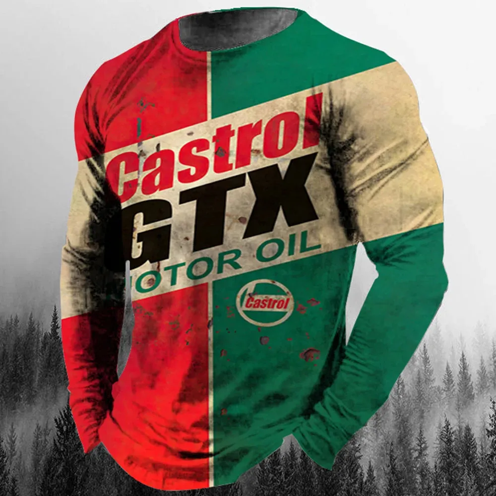 Vintage Men's T Shirt Long Sleeve Cotton Top Tees Castrol Oil Graphic 3D Print Motorcycle Tshirt Oversized Loose Biker Clothing 240123