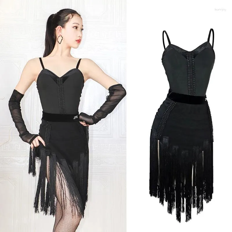 Scen Wear 2024 Latin Dance Dress for Women Sexig bodysuit Tassel kjolträning kostym Chacha Rumba Tango Performance Clothes DN14997