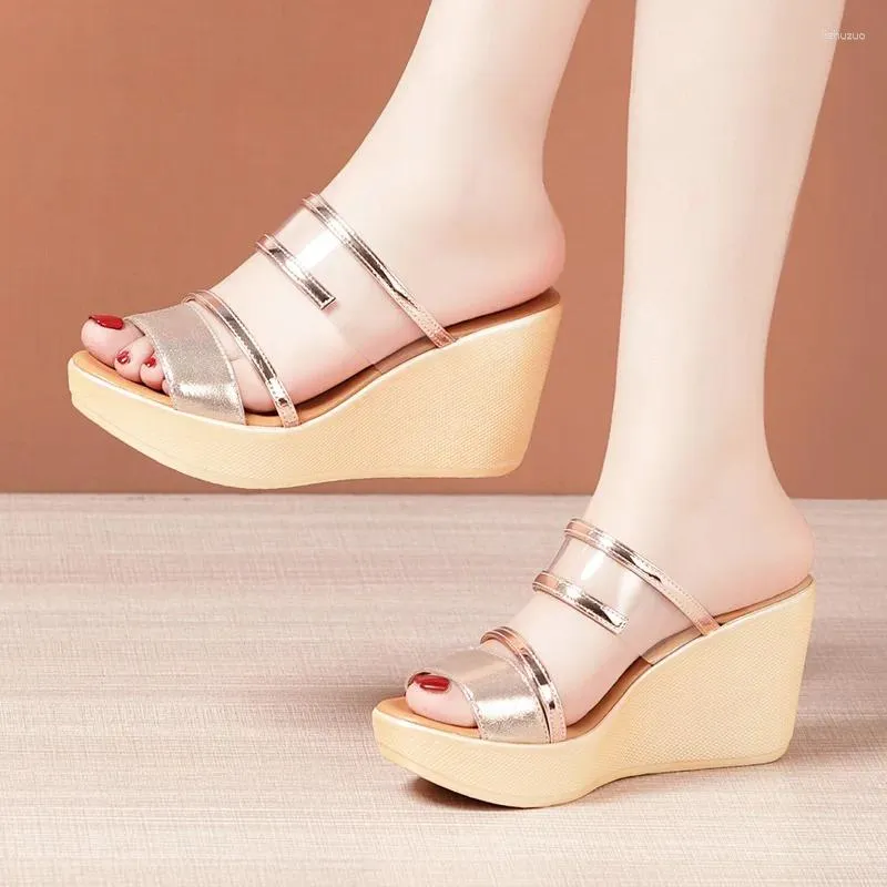 Slippers Small Size 32-43 Gold Red Transparent Wedding Shoes Women Summer 2024 High Heels Wedges Slides For Office Outside