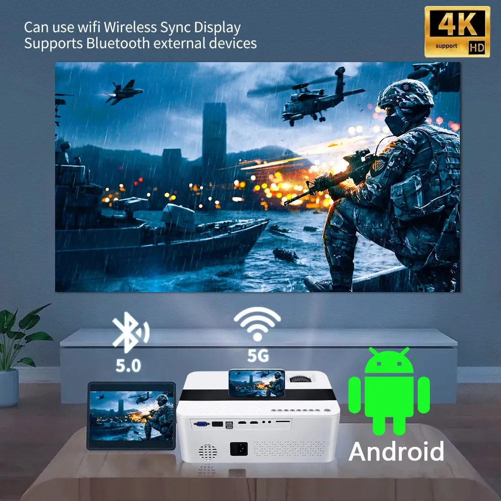 Yersida Projector Android H6 18G Full HD Native 1080p 900ansi 4K Desteklenen WiFi 5G BT50 Ev Sineması Açık Mekan Taşınabilir Projetor 240125