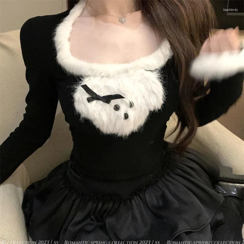 Women's T Shirts Square Neck Cartoon Plush Spliced Cute Long-sleeved T-shirt Women 2024 Spring Korean Contrast Color Patchwork Sexy Crop