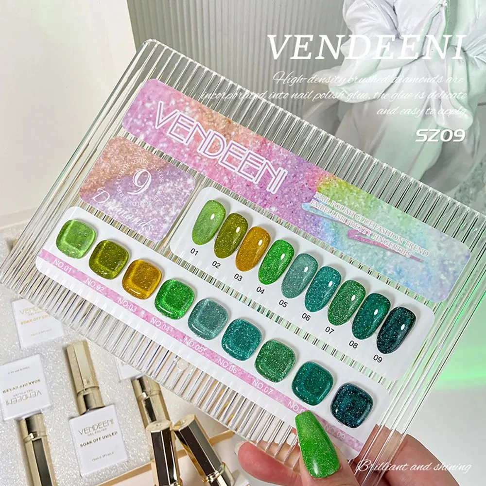 Vendeeni 9 kleuren groen Flash Broken Diamond gel nagellak semi-permanente UV Soak Off gelvernis glitter nail art gellak 240122