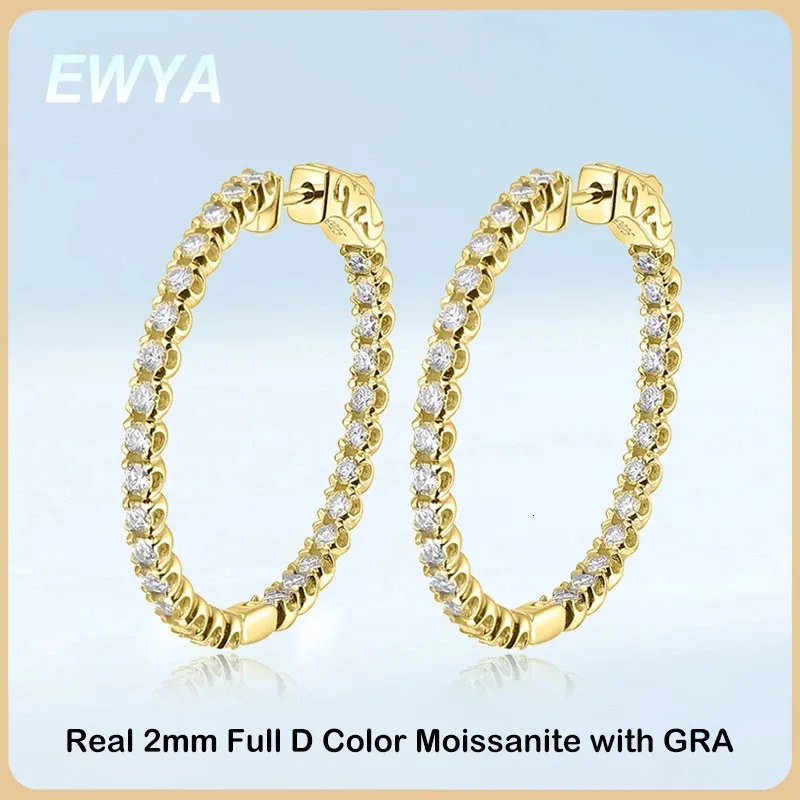 Ewya Luxury Designer D Color Full 2mm Hoop Earrings For Women Party S925 Silver Plated 18K Gold Diamond Earring Gift 240131