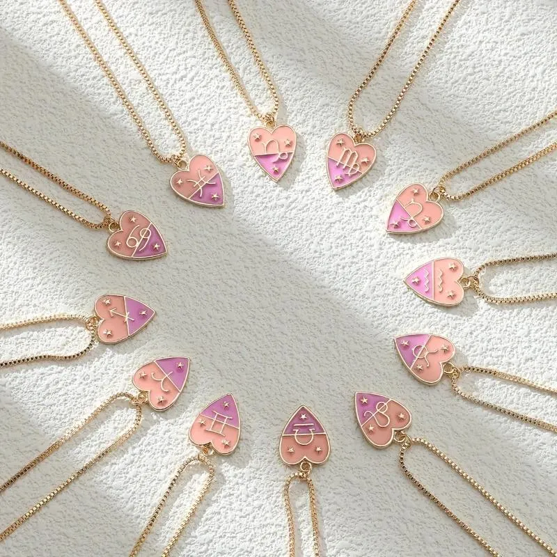 Choker 2024 Summer 12 Constellations Jewelry Pink Enamel Heart Shape Zodiac Sign Necklace Fashion Women Pendant