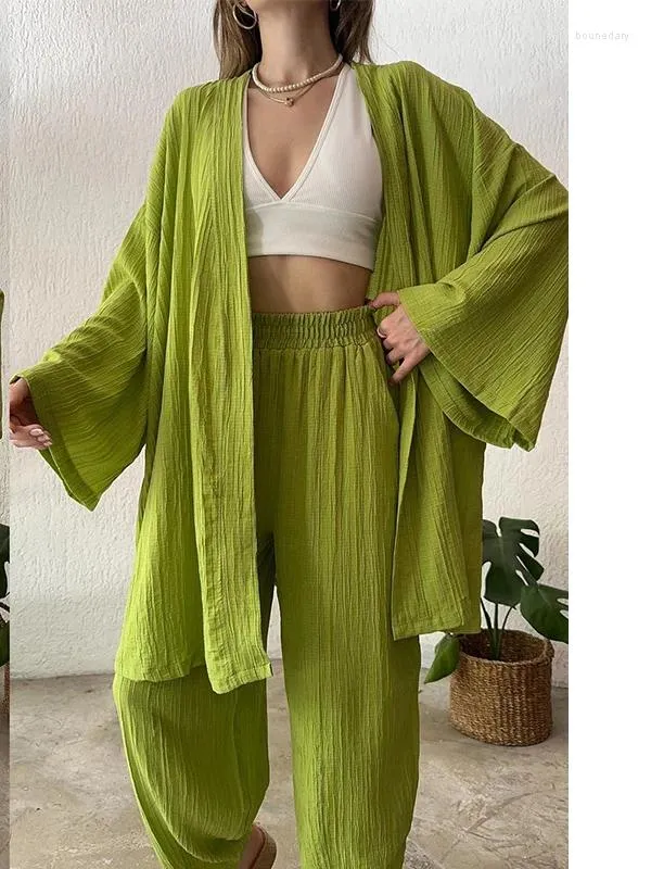 Kvinnors tvådelade byxor grönt träning med harem 2024 Spring Solid Color Open-Front Cardigan Home Suit For Women Trousers Set