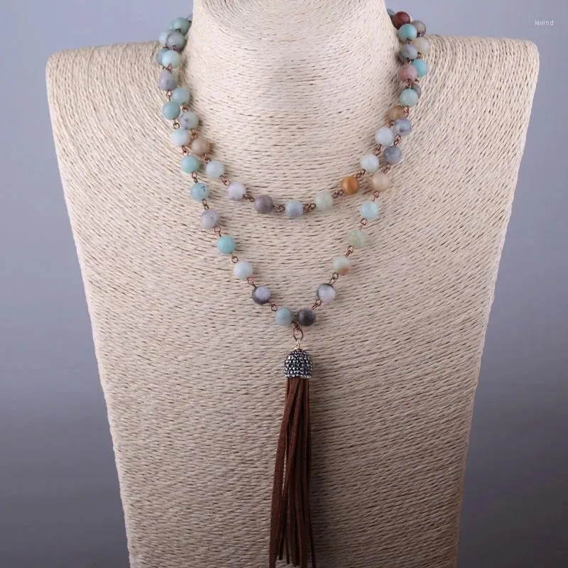 Pendant Necklaces Fashion Rosary Chain Amazonite Stones Bohemian Tribal Jewelry Brown Tassel Necklace