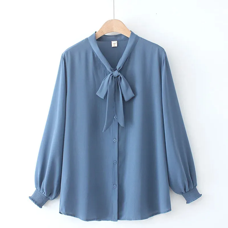 Autumn Plus Size Women Shirt Fashion Solid Color Bow Tie Tops Loose Chiffon Long Sleeve Bluses 240126