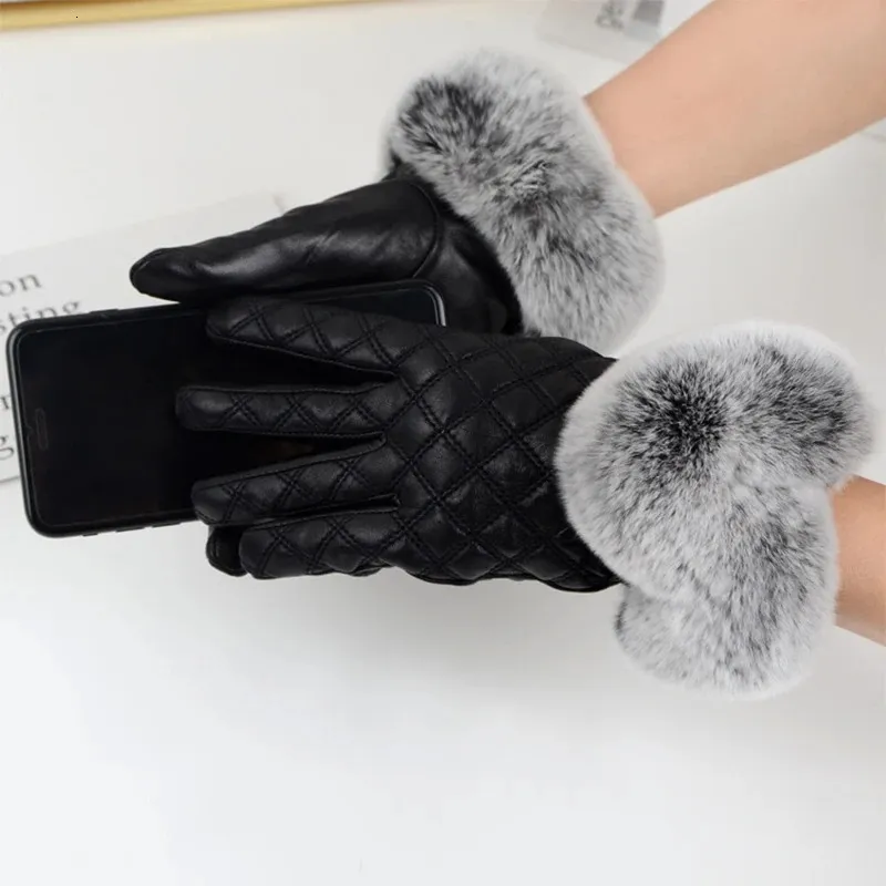 Women Sheepskin Gloves Real Rex Rabbit Fur Genuine Leather Plush Outdoor Gloves Winter Luxury Warm Ladies Mitten Full Fingers 240201