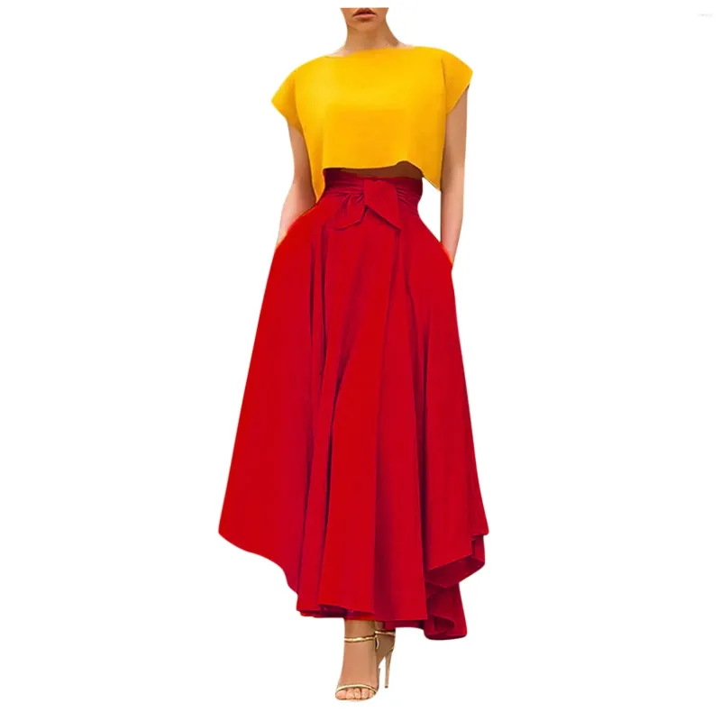 Skirts Women's High Waist Halfskirt Pleated Long Flare Large Hem Holiday Dress Solid Color Faldas