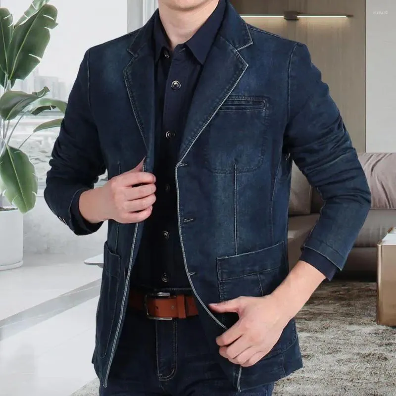 Men's Suits Mens Denim Blazer Male Suit Oversized Fashion Cotton Vintage Blue Coat Jacket Slim Fit Pockets Men Jeans