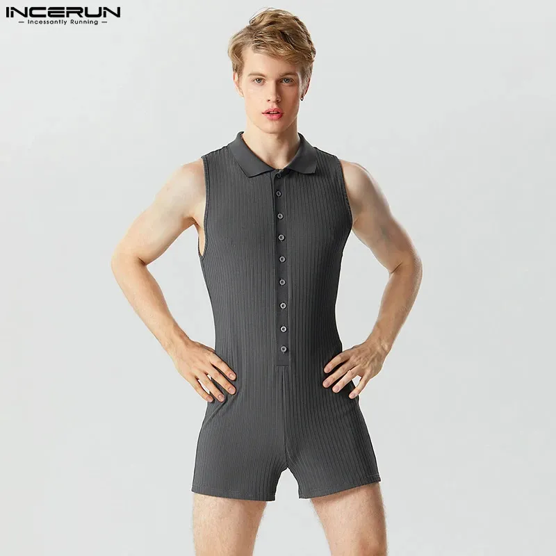 Mężczyźni Rompers piżamę stały kolor pasiastki odzieży domowej Lapel krótkie rękawy moda męskie body fitness Joksy S-5xl Inderun 240131