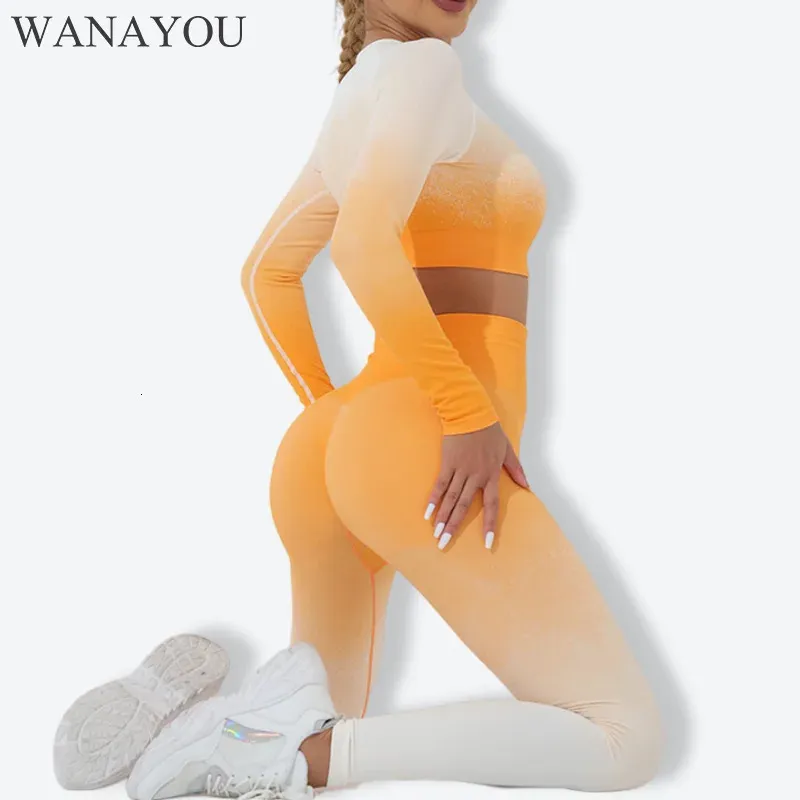 WANAYOU-Conjunto de Yoga de 2 uds., mallas de manga larga sin costuras, chándal deportivo, traje de entrenamiento, pantalones cortos de Yoga, sujetador 240118