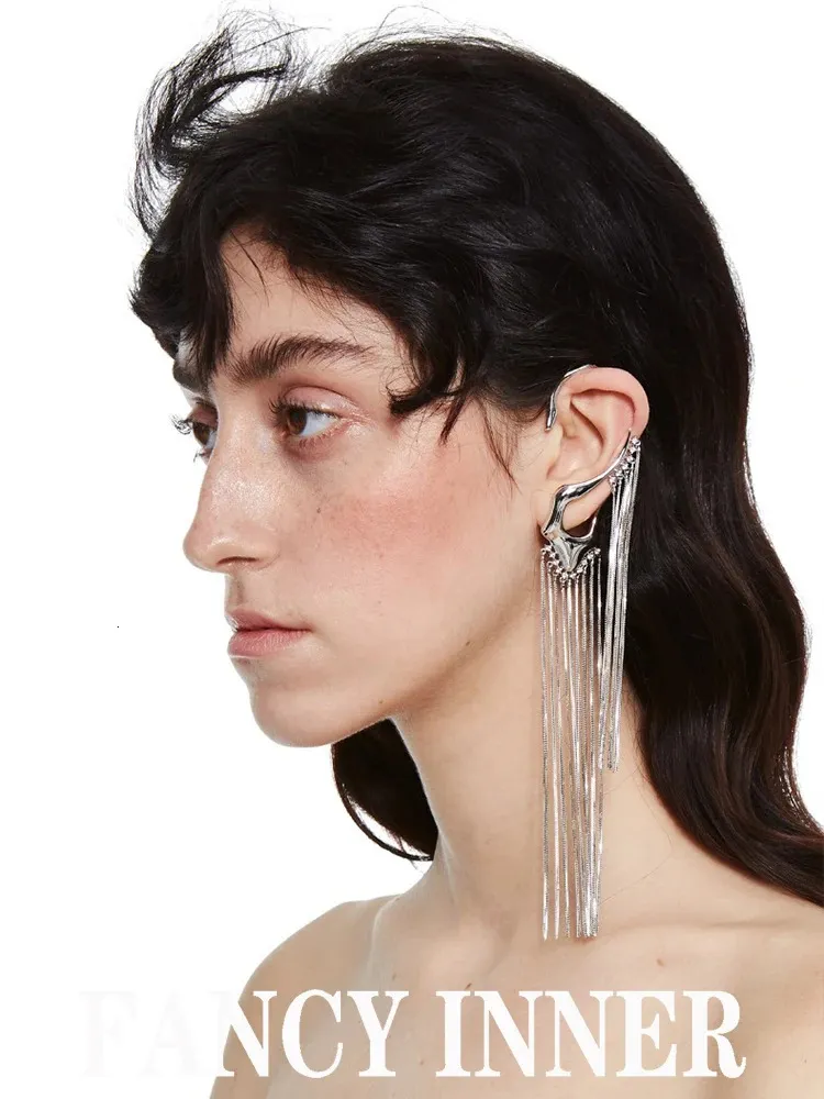 long Tassel Ear Clip Silver Color Metal Exaggerated Punk Earless Piercing Earring for Women Men Couple Jewery 240122