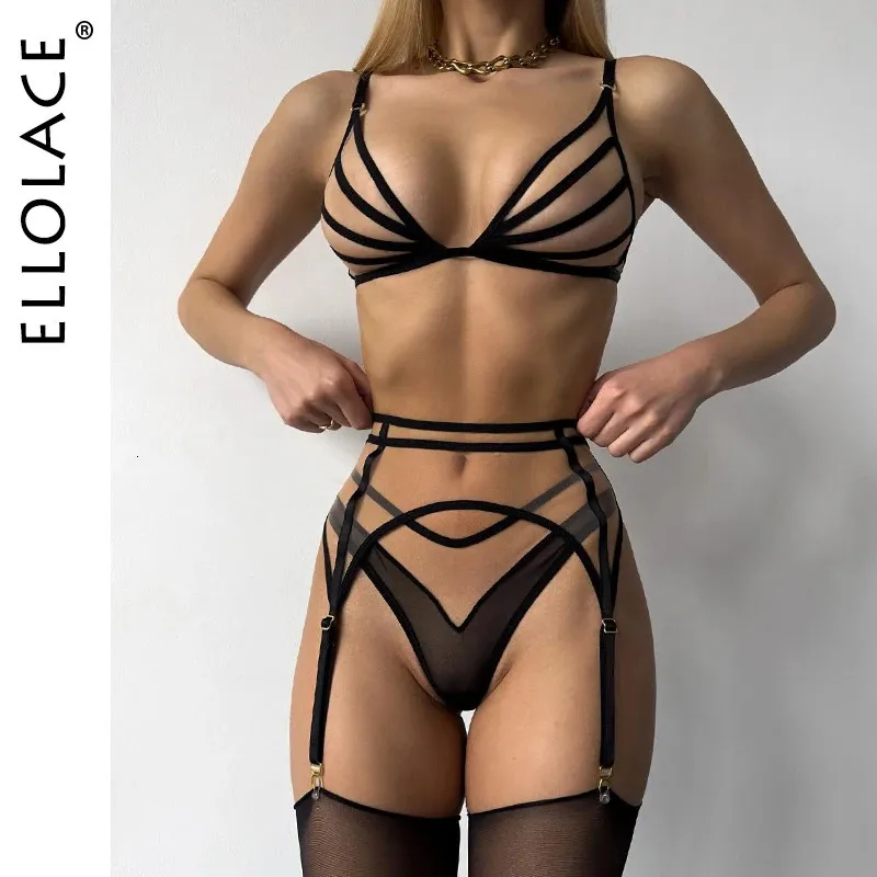 Ellolace Sensual Lingerie Nude Seamless See Through Underwear Transparent Bra Sexy Garter Belt Set Naked Uncensored Exotic Sets 240202