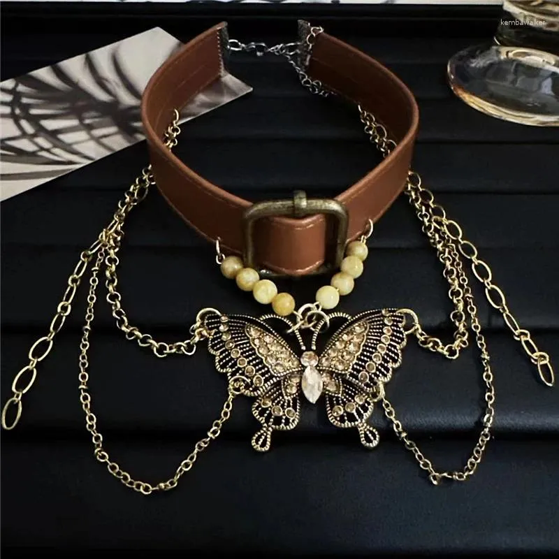 Hänghalsband utsökt vintage brun läderfjäril choker flerskiktskedja kedjan Tassel halsband mode kvinnliga smycken födelsedagspresent