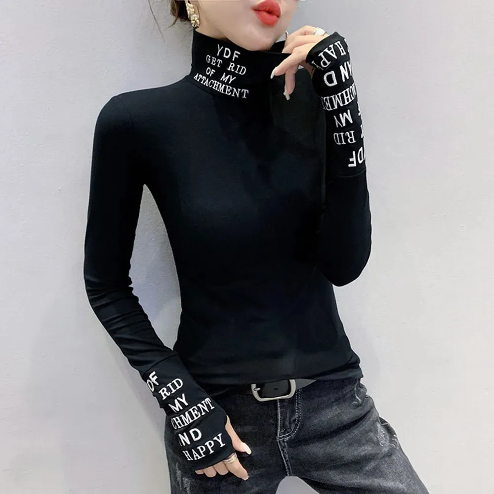 Black White Long Sleeve Tshirt Women Letters Printed T Shirt Femme Elastic Harajuku Tight Turtleneck Woman Cotton 240127