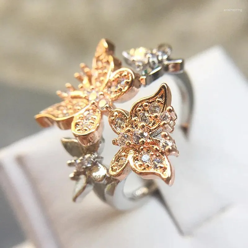 Cluster Rings Romantic Butterfly Wedding Silver Color Ring With Rose Gold Austrian Crystal CZ Women Love Bands Jewelry