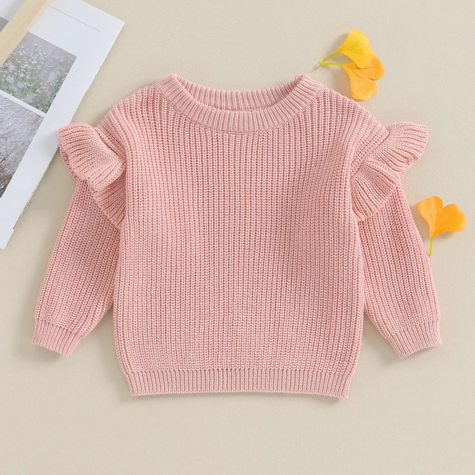 Cute Ruffle Long Sleeve Baby Girls Sweaters Winter Warm Kids Toddler Knitted Clothes Solid Crochet Pullover Tops Loose Knitwear 240124