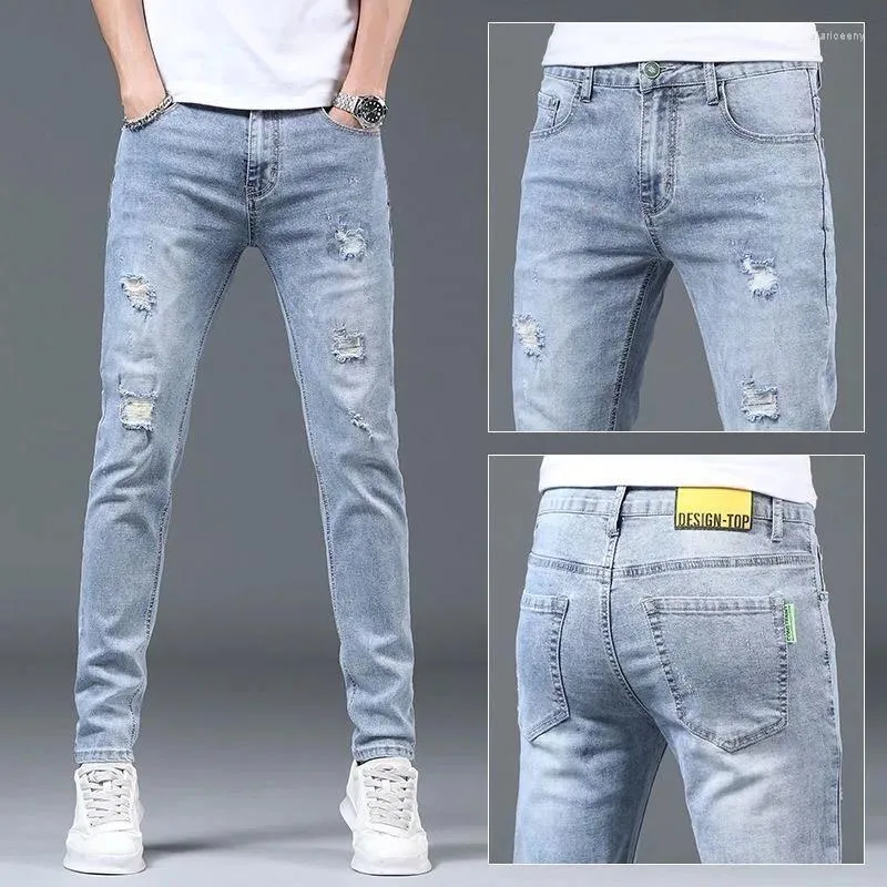Mäns jeans 2024 Spring och Autumn Fashion Trend Solid Color Ripped Men Casual Slim bekväm högkvalitativ stretchbyxor 28-36