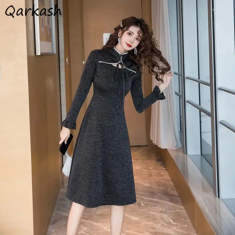 Casual Dresses Half High Collar Mini Dress Women Hollow Out Long-sleeve Defined Waist A-line Lace Up Korean-style Office Ladies Temperament